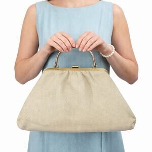 Vintage 60s Ivory Handbag Gold Frame Lucite Handle Coin Trapezoid Purse